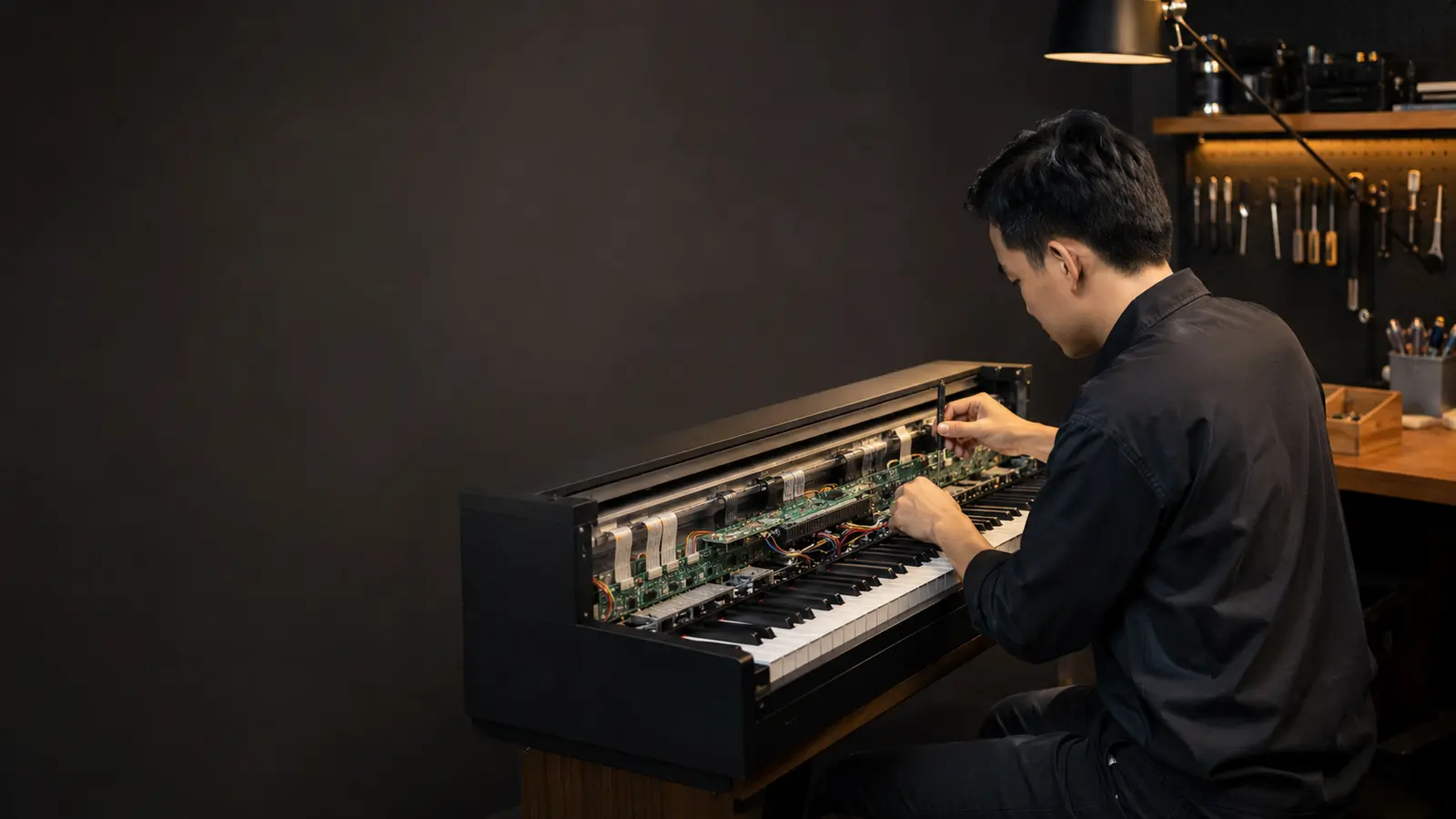 Ảnh minh họa kỹ thuật viên kiểm tra cụm phím và bo mạch piano điện